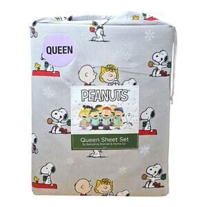 NEW Peanuts Snoopy Christmas Hot Cocoa Sheet Set in Gray [4-piece Queen]
